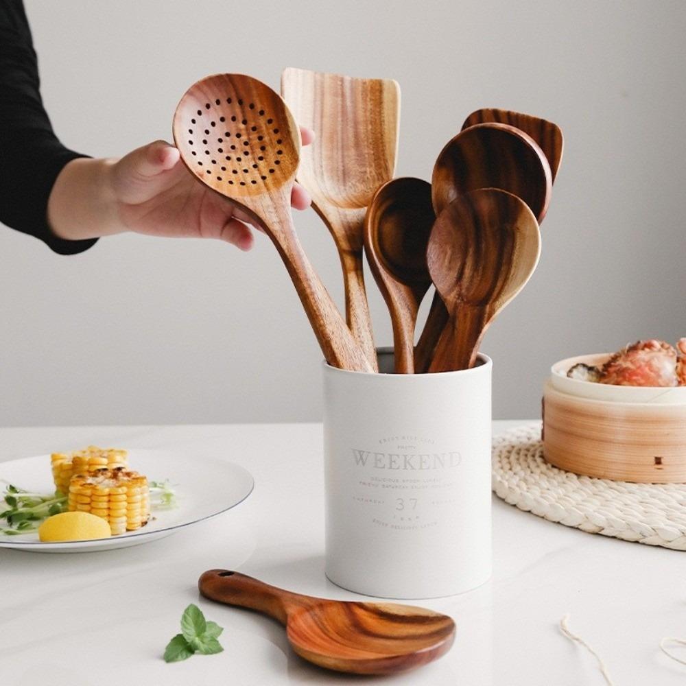9pcs Acacia Wood Kitchen Utensils Set Long Handle Non Stick Wooden Cooking Utensils Heat Resistant No Paint Frying Spatula Spoon