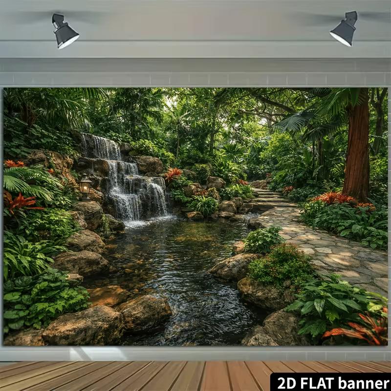 2D Grüner Wald Wasserfall Wandteppich Tropischer Gartenweg Wandkunst Dekor