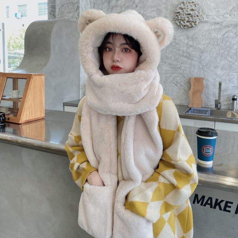 Women's Cute Bear Hooded Scarf Set: Plush Hat, Neck Warmer, and Gloves for Winter