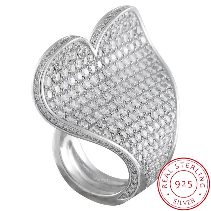 

Unique Heart Shape Wavy Design Full Pave Zircon Ring, 925 Silver Plated Jewelry, Bold Fashion Party & Evening Wear Ring 6