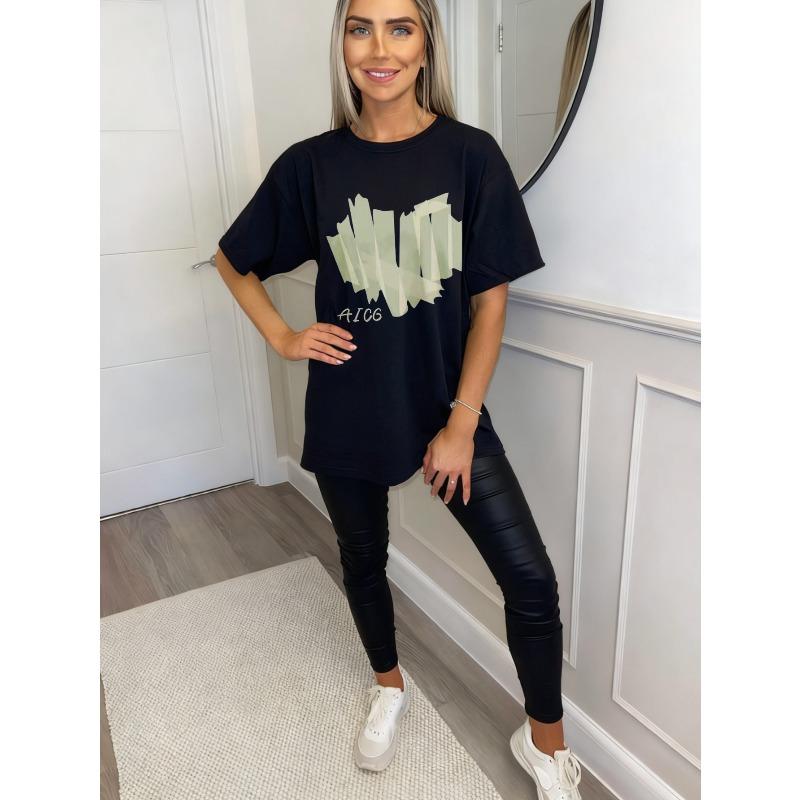 Oversize T-shirt Czarny Z Nadrukiem Wut Aicg Graficzny T-shirt Casualowa Moda Uliczna Top Dla Kobiet Letni Strój