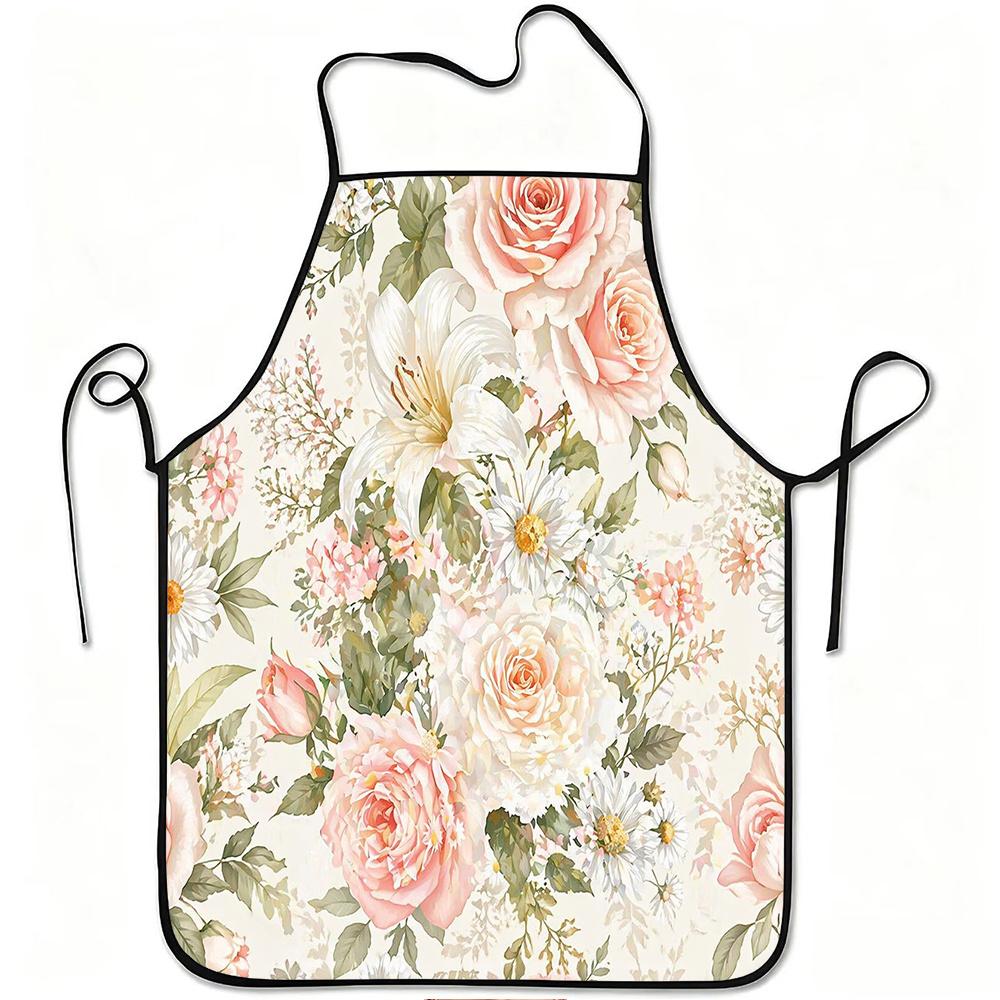 1pc Elegant Floral Rose Daisy Lily Print Apron, Durable And Easy to Clean, Adjustable Waistband, Polyester Material, for Kitchen Cooking, Gardening, O