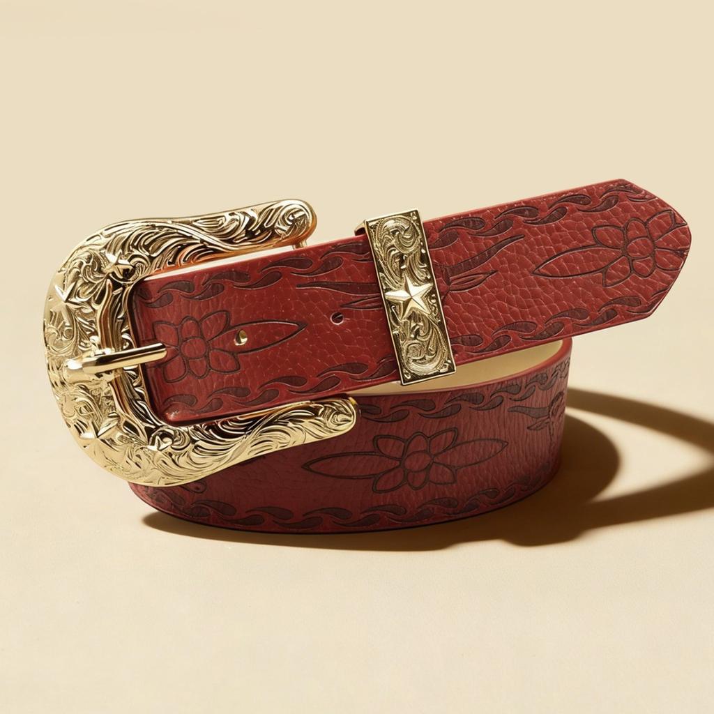 American denim red embossed decorative belt, full set of engraved hardware five-star horseshoe buckle western retro belt