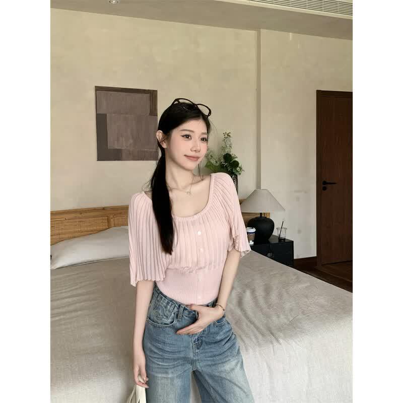 Women s French Style Short Sleeve Knit Top M
