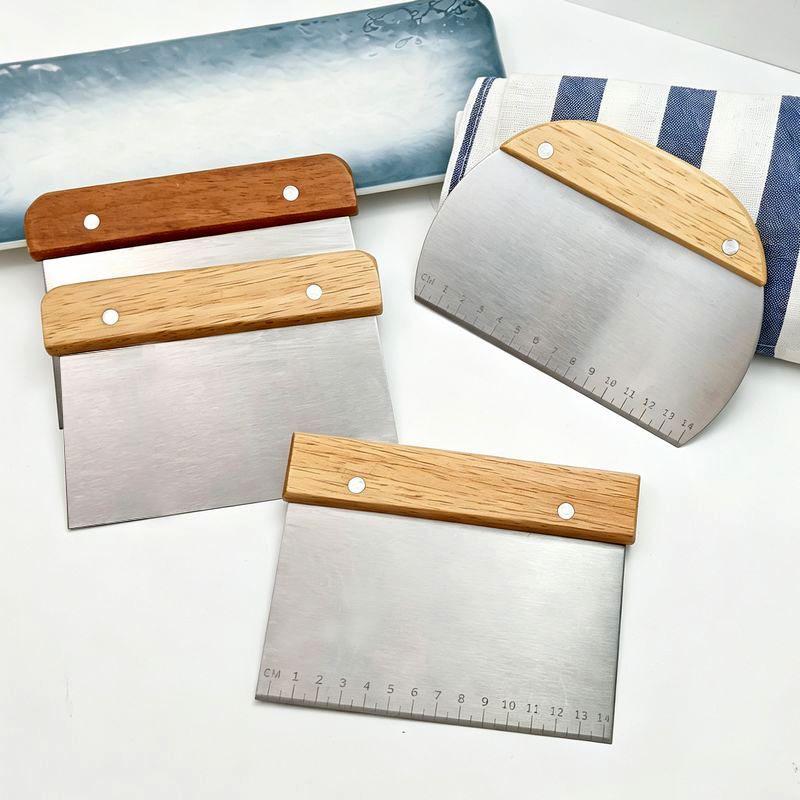 Wood-Handled Dough Scraper Board with Scale - Stainless Steel Flour and Dough Cutter