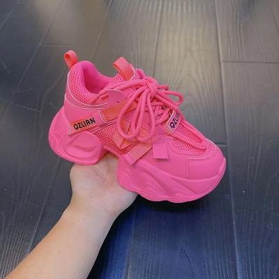 Rosa klobige Sneakers mit Plateau, atmungsaktive Sportschuhe mit dicker Sohle für Damen, Schnürschuhe, modische Freizeitschuhe für draußen