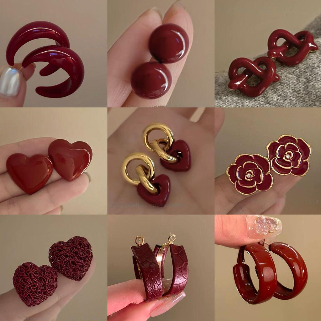 Silver Needle Red Geometric Stud Earrings - Korean Style Fashion Design for Women, High-End Exquisite Ear Jewelry