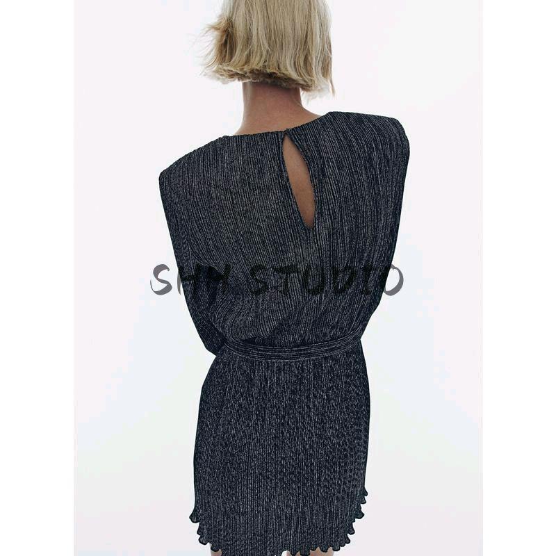 Spring New Arrival Women's Clothing Fashion Style round Neck with Belt Casual Padded Shoulder Ruched Dress 1245453