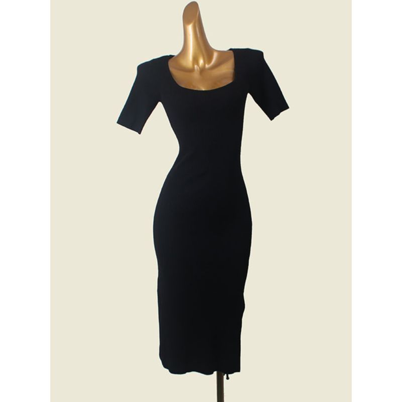 Foreign Trade Original Order Square Collar Rib Hip Skirt Western Style Side Slit Slim fit Bottoming Knitted Short sleeve Dress