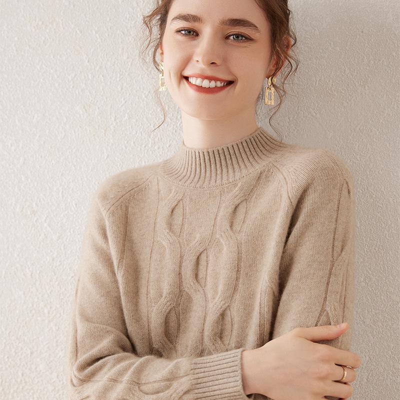 Women's Cable Knit Cashmere Top – Half-High Collar, Long Sleeve, Loose Fit, Versatile Sweater