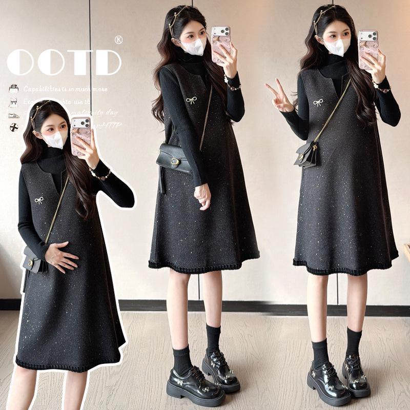 Winter 2025 French Chic V-neck Wool Vest Dress Set for Maternity Plus Size M