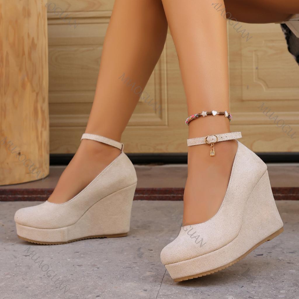2026 Spring Autumn New Wedge Heels Pumps Fashion Round Toe Platform Suede Casual Women Shoes 10cm High Heels Solid Single Shoes