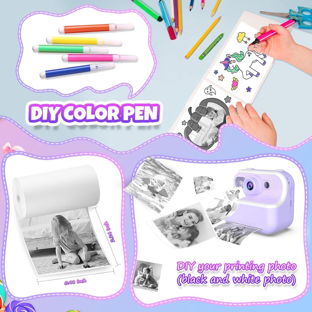 Kids Camera Instant Print, Christmas Birthday Gifts Toys for Girls & Boys Ages 3-12, Digital Selfie Portable Camera with 1080P HD Dual Lens, 3 Rolls