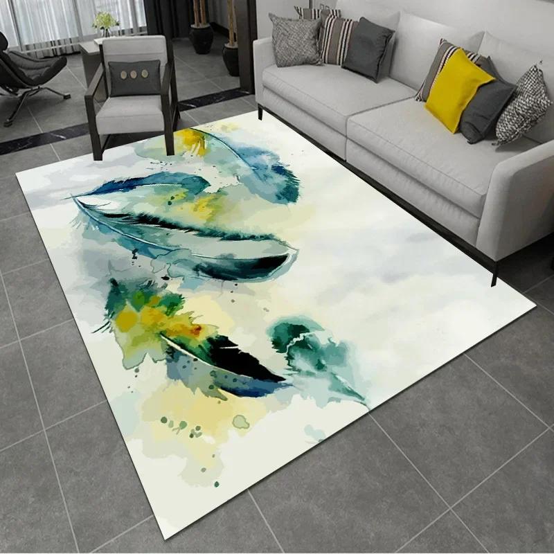 Feather Print Crystal Velvet Home Carpets for Living Room Decor Quality Wrapping Edge Rugs for Bedroom Dirt Tolerance Floor Mat