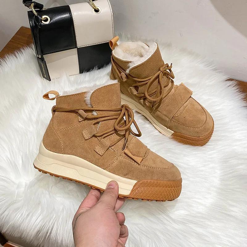 Winter Snow Boots Women Genuine Cow Leather Artificial Wool Solid Color Lace-up 2025 Warm Ladies Shoes Handmade