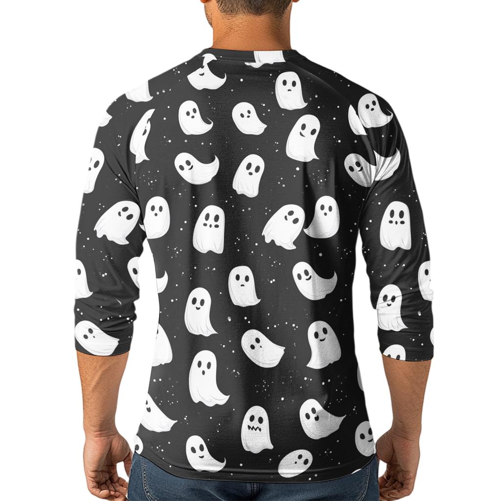 Men's Casual Halloween Print Henley Shirt Three Quarter Sleeve Raglan Top Lightweight Breathable Fabric Comfortable Fit