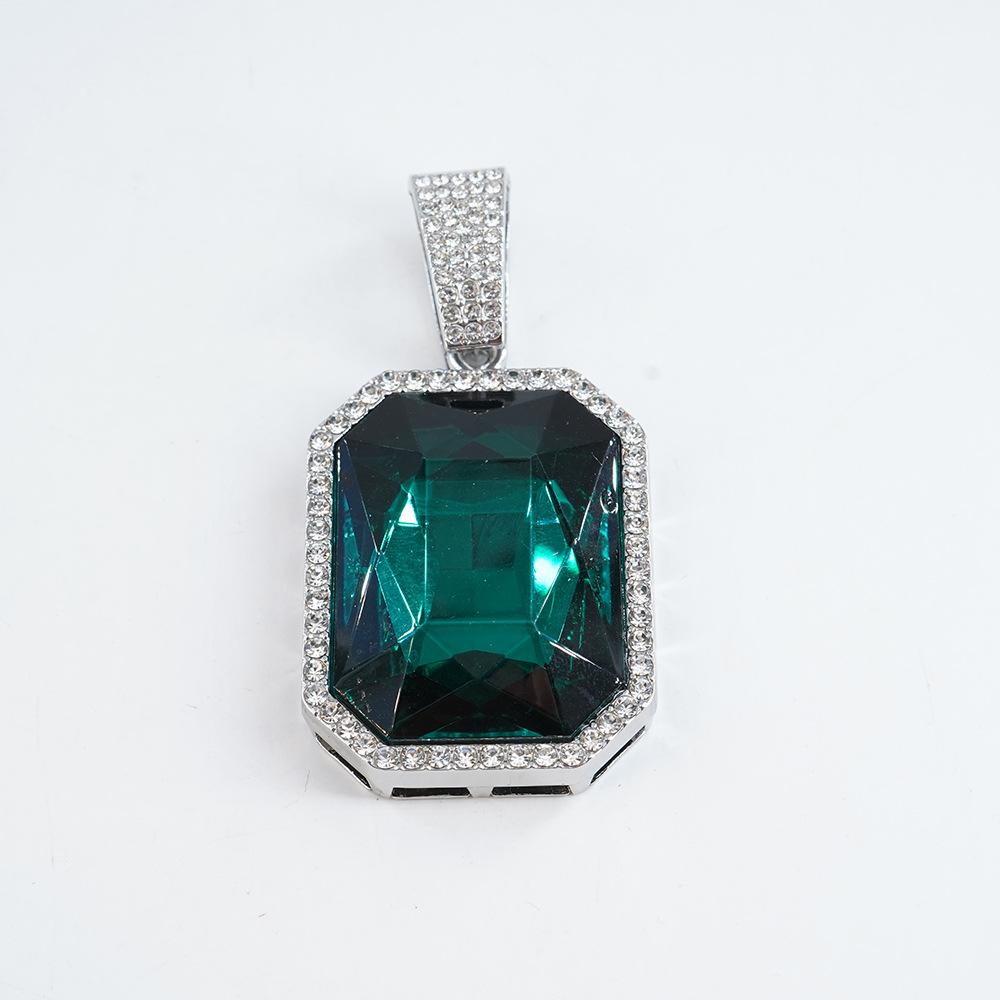 European and American Jewelry Fashion Square Colored Gemstone Necklace Pendant for Men, Hip-hop Style, Full Diamond Cuban Chain Necklace, Unisex