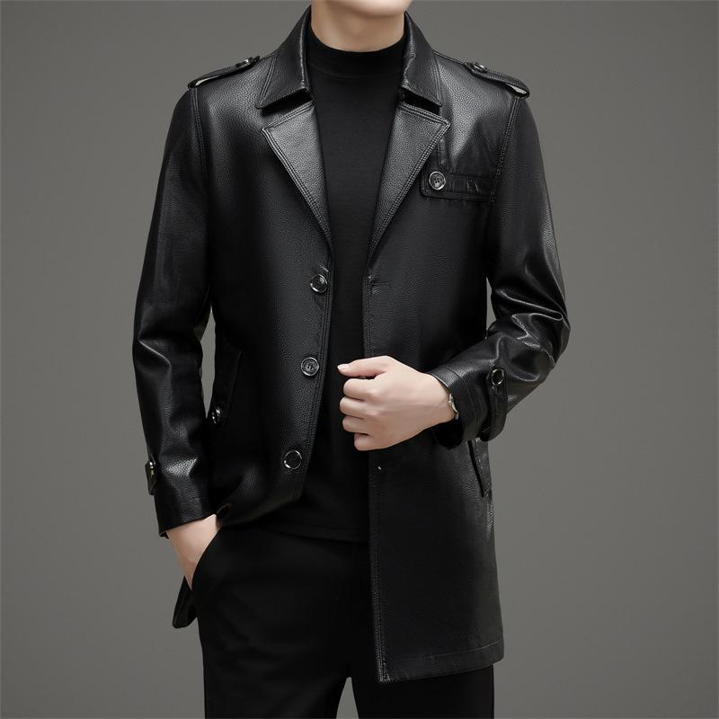 Autumn and Winter Genuine Leather Jacket for Men, Sheepskin, Medium and Long Casual Velvet Motorcycle Wallet Jacket for Young and Middle-aged People