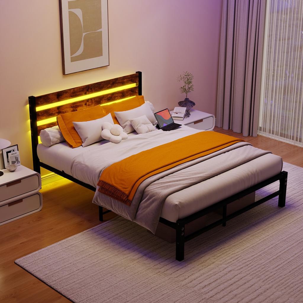 140x200cm Metallbettgestell mit Kopfteil, USB-Ladestation, LED, Starke Stahlfederleisten-Unterstützung, Stauraum unter dem Bett, Kein Lattenrost erforderlich, Montage