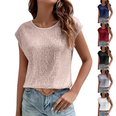 Pailletten-Oberteile in Übergröße für Damen, lockerer Rundhalsausschnitt, ärmellose Tunika-Shirts, elegante Business-Casual-Party-Bluse