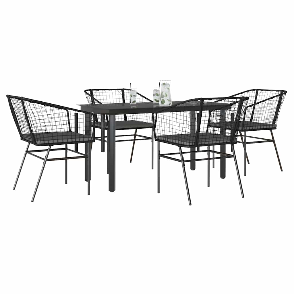 5 Piece Outdoor Dining Set with Cushions Black Poly Rattan Glass Table