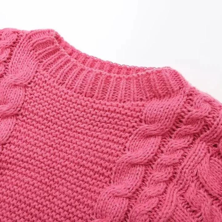 Women's Thick Line Big Twist Knitted Loose Sweater Pullover Fashion Casual Crochet Round Neck Sweaters Solid Color New Knitwear
