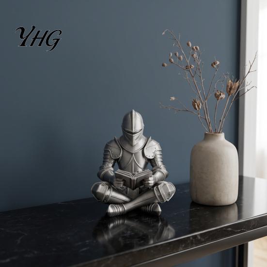Creative Reading Knight Figure 3D Printed Armored Figurine, Sitting Sculpture, Unique Bookcase Decor Retro Statue for Bookshelf and Office Desktop