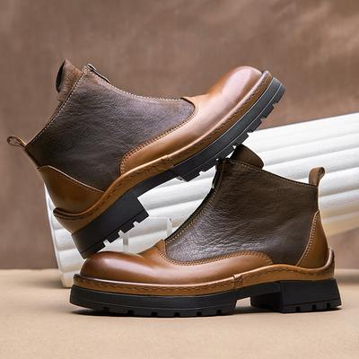 Front Zipper Autumn/Winter Leather Casual High Top Men'S Shoes Breathable Cowhide Chelsea Boots Men'S Short Boots