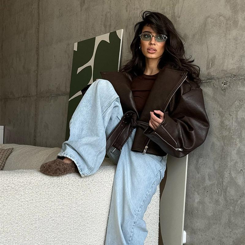 Zipper Lapel Lace-up Loose Leather Jacket Women's Motorcycle Style Short Jacket Fashion Streetwear Autumn 2025