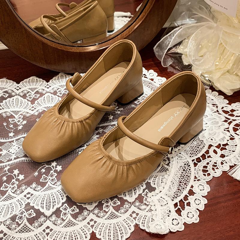 2025 neue Frühling- und Sommer-Dameneinzelchuhe mit quadratischer Spitze aus weichem Leder, dicker Absatz, mittlerer Absatz, Arbeitslederschuhe, Kunstleder-Damenschuh