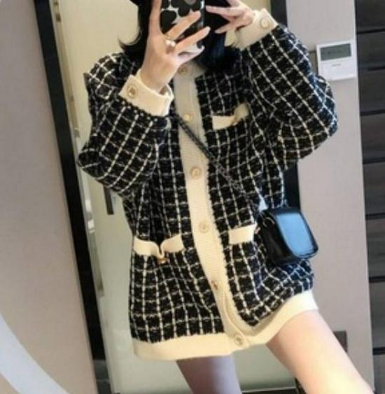 Women's Loose Houndstooth Knit Cardigan - Korean Style, Autumn 2026