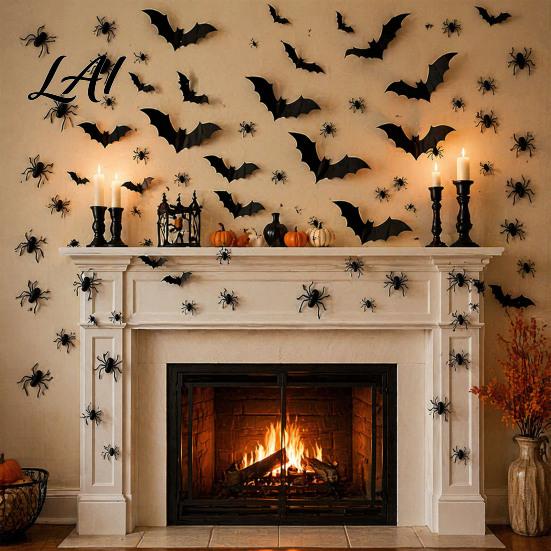 Halloween Bat Wall Stickers 3D Bats Decor Black Stickers Waterproof Shaped Art Scary Plastic DIY Room Decal for Indoor Party Supplies Outdoor Decor