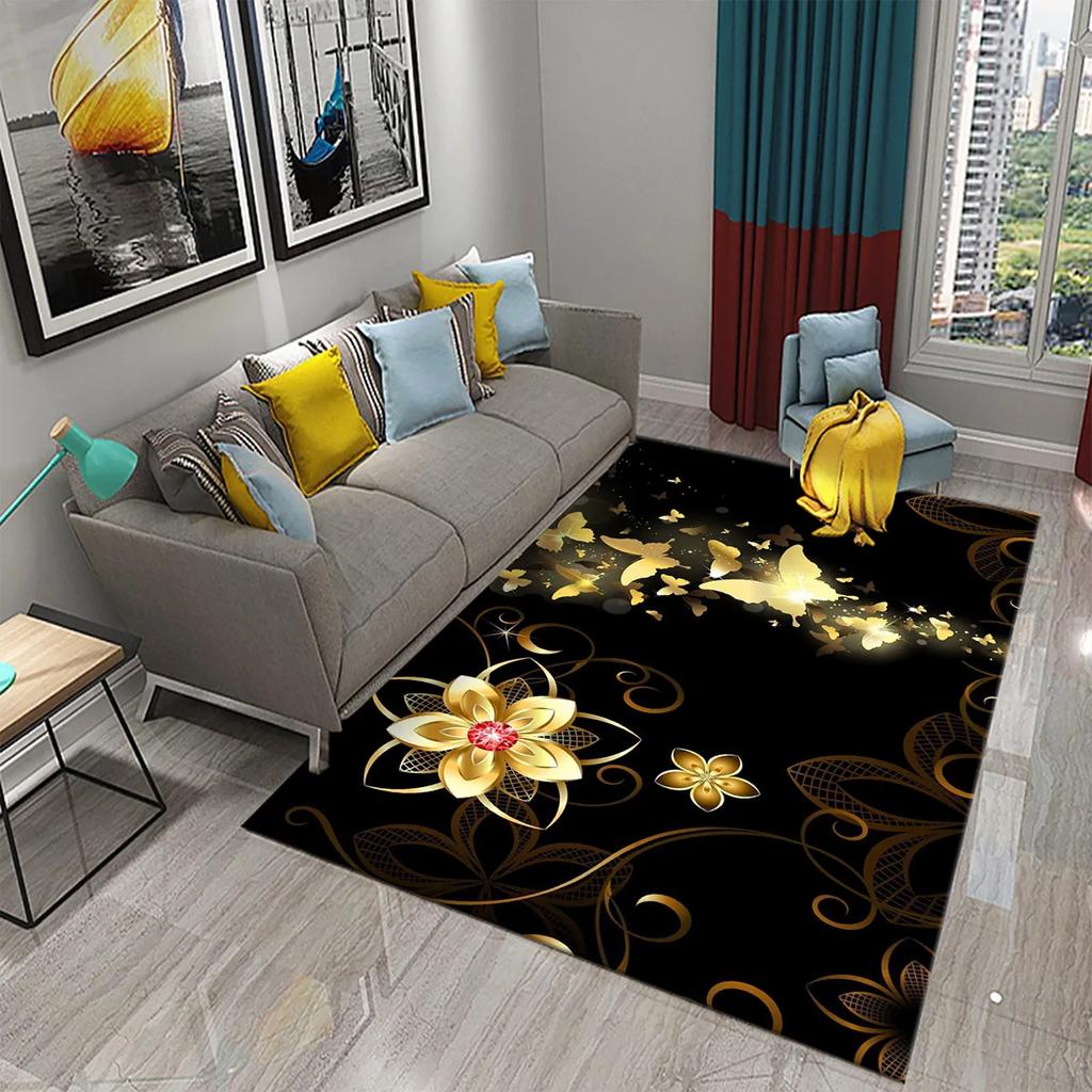 3D Black Golden Luxury Carpet for Living Room Bedroom Bedside Rugs European Style Hallway Decor Carpets Bathroom Non-slip Rugs