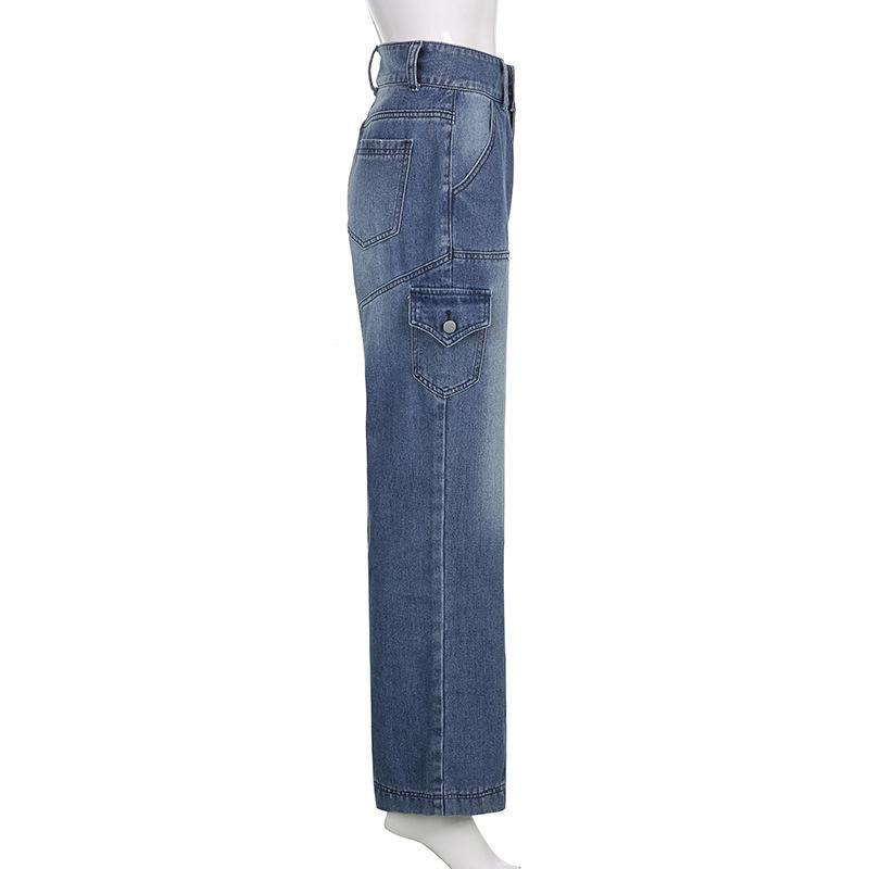 Tasche Jeans larghi impunturate Moda Streetwear Pantaloni in denim da donna Pantaloni cargo larghi Jeans coreani Pantaloni dritti Harajuku