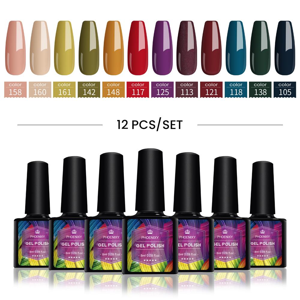 PHOENIXY 4/12/18 Farben Gel-Nagellack-Set Gel-Lack-Kit zum Einweichen der Maniküre Semi-permanente Hybridlacke Basis und Top Nail Art