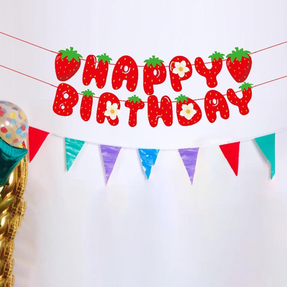 5pcs Strawberry Happy Birthday Banner Strawberry Themed Birthday Party Decoration Berry Sweet Party Decoration