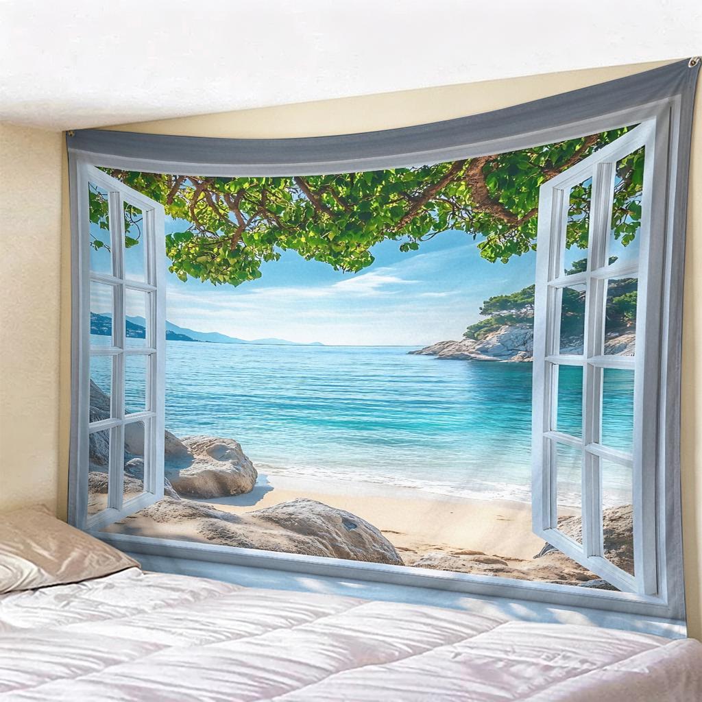 Window View Tapestry Wall Hanging, Scenic Nature Landscape Backdrop, Artificial Window Wall Decor for Bedroom Living Room