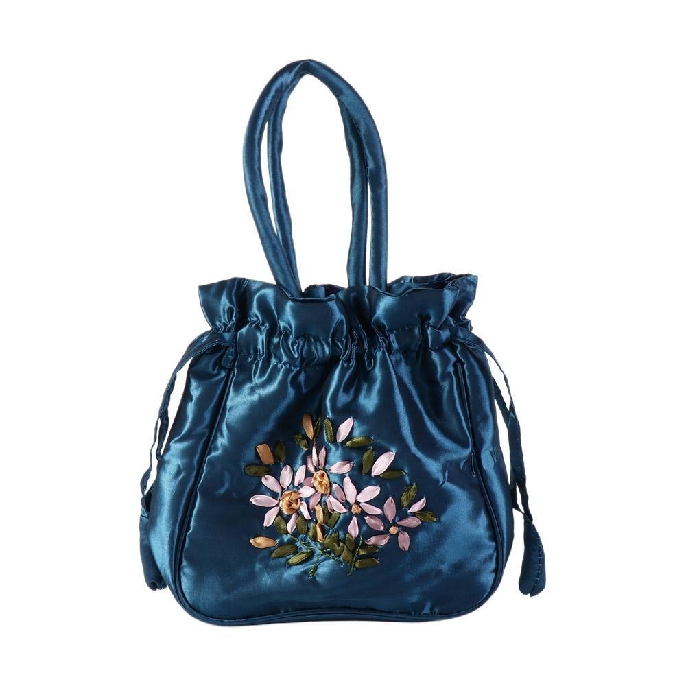 Satin Silk Hanfu Drawstrings Bag Leaf Small Purse Wallet Fashion Embroidery Flower Handbag Daily