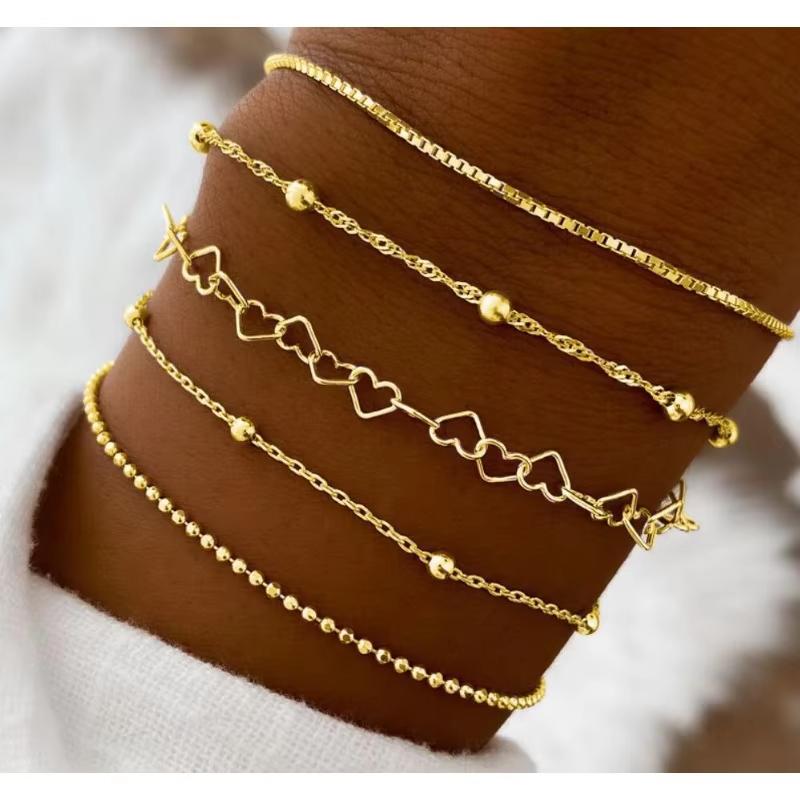 5 Pcs Set Silver Color Chain Bead Bracelets for Women Simple Elegant Vacation Beach Party Casual Jewelry Versatile Daily Wear