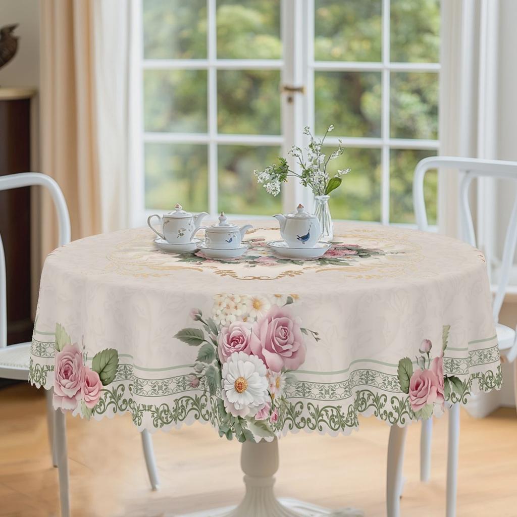 Elegant Romantic Floral Print Tablecloth in Vintage Beige Rose and Daisy Pattern, Round and Rectangular Options