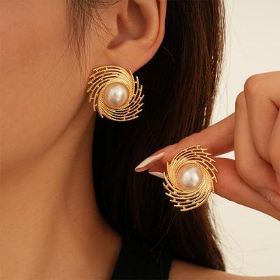 Spiral Wind Imitation Pearl Golden Stud Earrings for Women Girl Korean Love Aesthetic Daily Life Minimalist Jewelry
