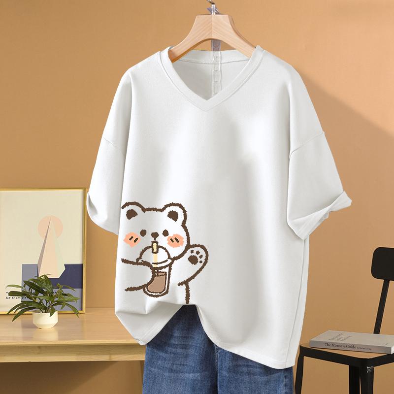 

Short-sleeved T-shirt for Women, Large Size, Loose and Slimming, Printed V-neck Top S білий