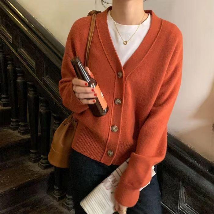 Pulover cardigan cu decolteu în V casual și versatil toamnă și iarnă casual cu gât în ​​V cu mânecă lungă pulover tricotat solid top feminin