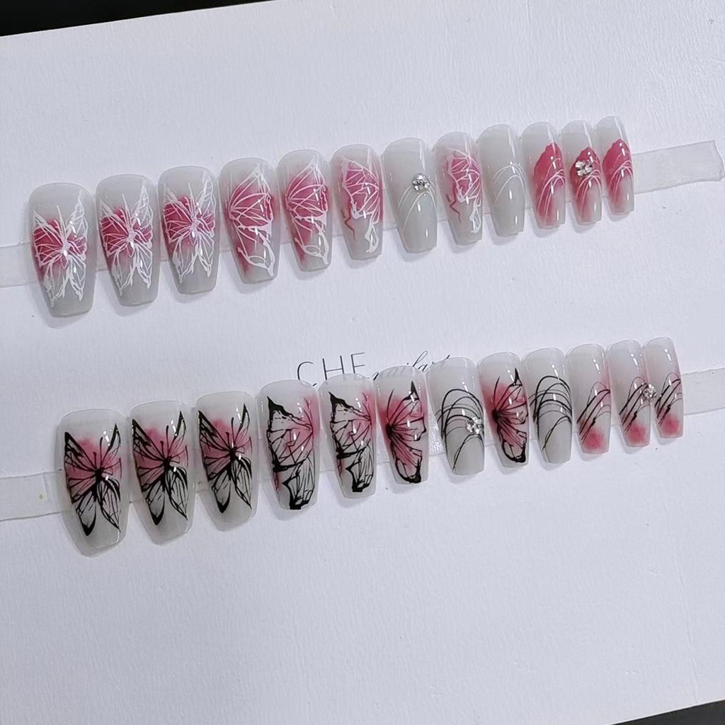 Coffin Fake Nail for Women Butterfly Design Temperament Artificial Nail for Beginners Nail Decoration Practice