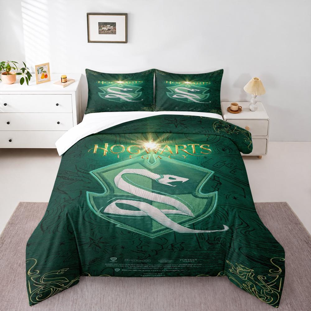 Hogwarts Legacy Slytherin Snake Crest Bedding set (1 duvet cover, 2 pillowcases, duvet not included), Green Embroidered Wizarding Art Print