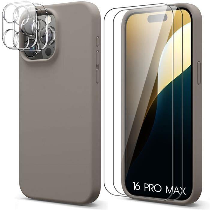 Coque de protection - BOOLING - pour iPhone 16 Pro Max - Silicone liquide gris - 2 verres trempés - Chargement sans fil