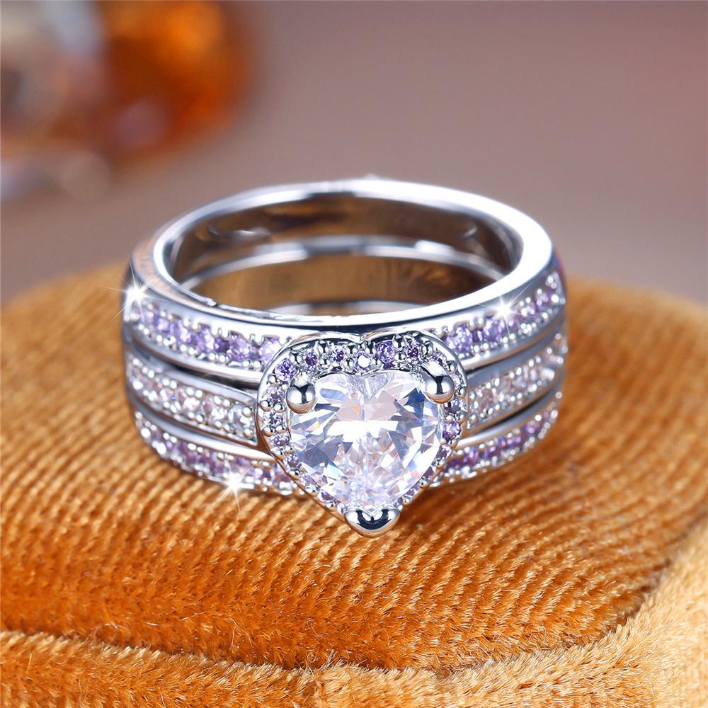 

Luxury Female Crystal Purple Zircon Stone Heart Engagement Ring Set Vintage Silver Color Wedding For Women 8