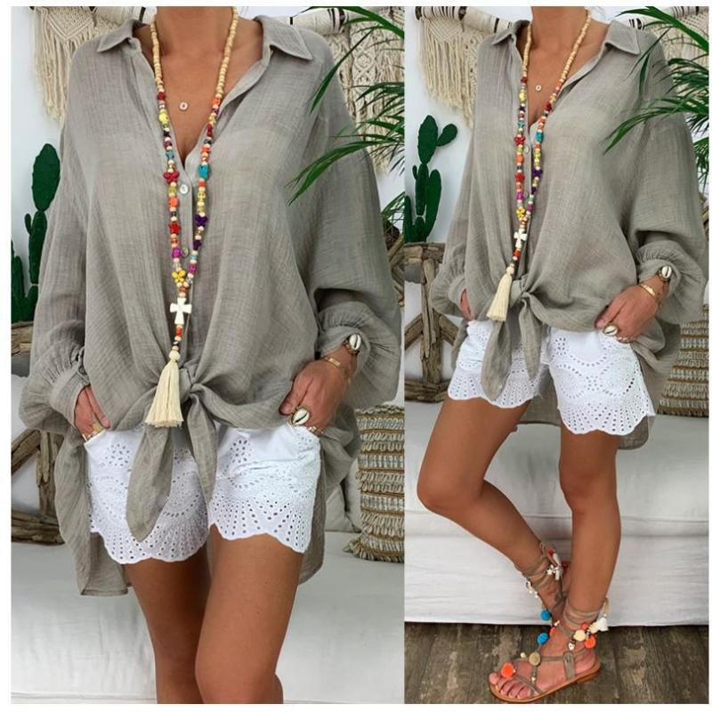 Summer New Cotton and Linen Plus Size Shirts Women Button Up Loose Long Sleeve Casual Women's Blouses Women Tops Simple Lapel Office Lady Shirts 26457