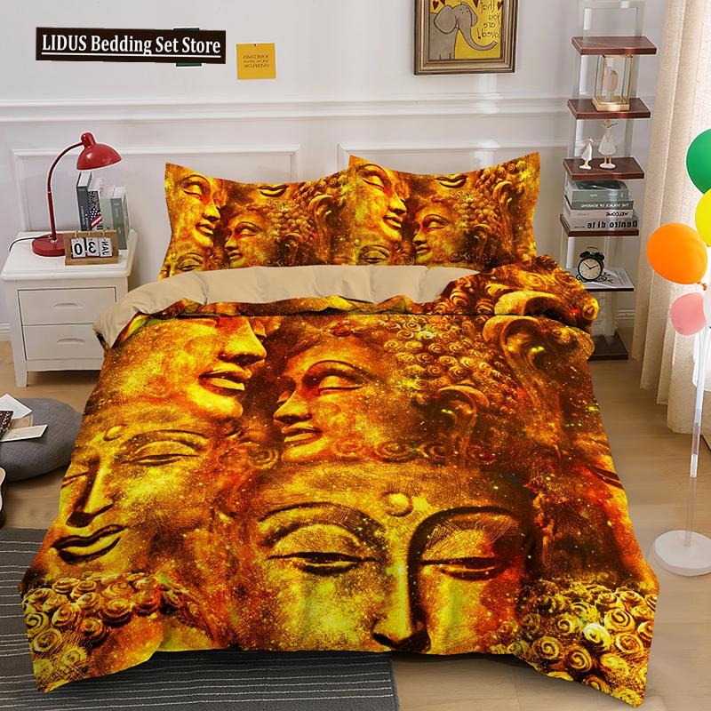 Mandala Buddha Duvet Cover Set King Size Exotic Ethnic Bohemian Bedding Set Golden Black Lotus Flowers Gorgeous Comforter Cover