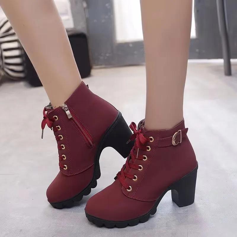 

Women s High-heeled Boots With Buckle, Chunky Heel, Round Toe, Boots, Lace-up And Boots, Riding Boots 36 винний